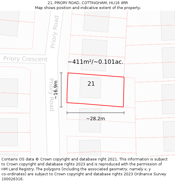 21, PRIORY ROAD, COTTINGHAM, HU16 4RR: Plot and title map