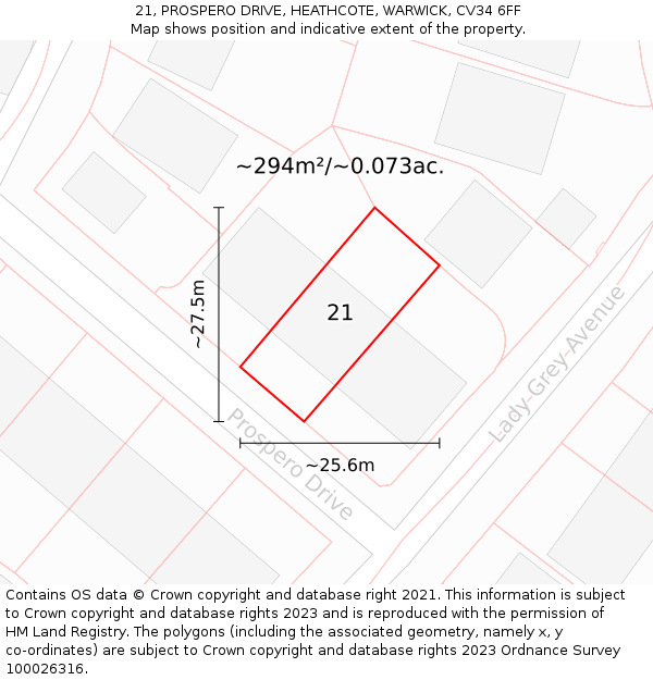21, PROSPERO DRIVE, HEATHCOTE, WARWICK, CV34 6FF: Plot and title map