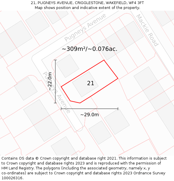 21, PUGNEYS AVENUE, CRIGGLESTONE, WAKEFIELD, WF4 3FT: Plot and title map