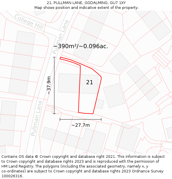 21, PULLMAN LANE, GODALMING, GU7 1XY: Plot and title map