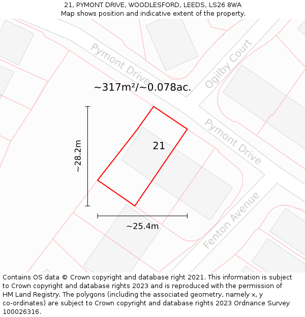 21, PYMONT DRIVE, WOODLESFORD, LEEDS, LS26 8WA: Plot and title map