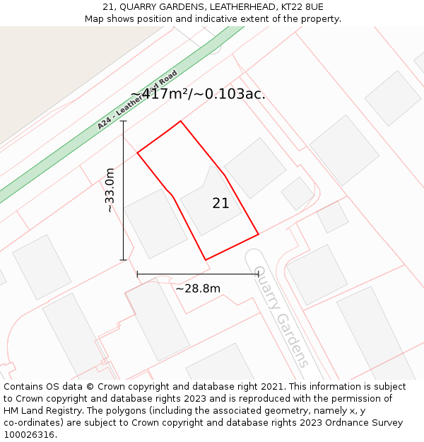 21, QUARRY GARDENS, LEATHERHEAD, KT22 8UE: Plot and title map