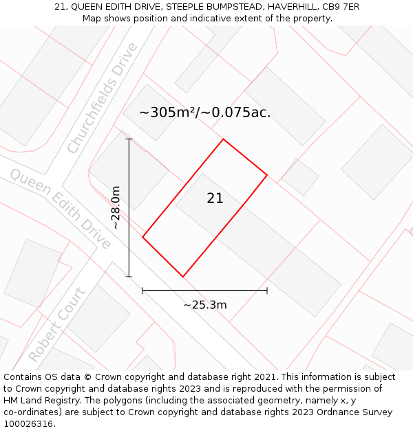 21, QUEEN EDITH DRIVE, STEEPLE BUMPSTEAD, HAVERHILL, CB9 7ER: Plot and title map