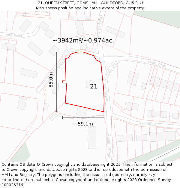 21, QUEEN STREET, GOMSHALL, GUILDFORD, GU5 9LU: Plot and title map
