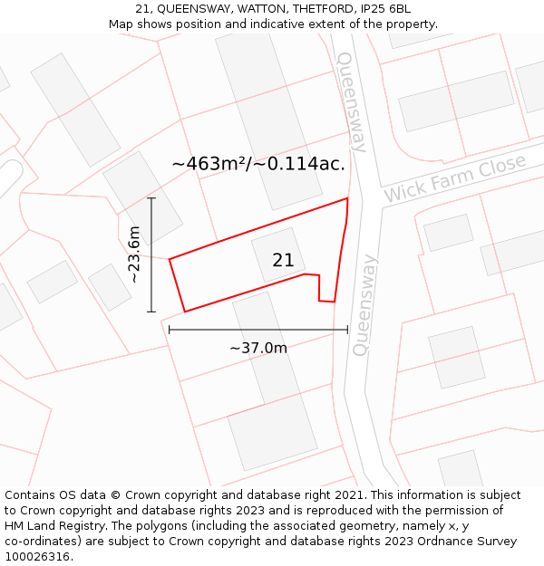 21, QUEENSWAY, WATTON, THETFORD, IP25 6BL: Plot and title map
