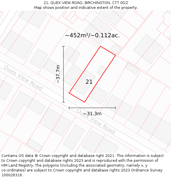 21, QUEX VIEW ROAD, BIRCHINGTON, CT7 0DZ: Plot and title map