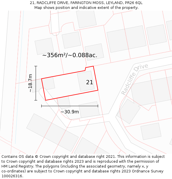 21, RADCLIFFE DRIVE, FARINGTON MOSS, LEYLAND, PR26 6QL: Plot and title map