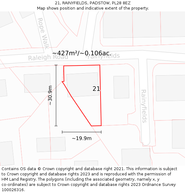 21, RAINYFIELDS, PADSTOW, PL28 8EZ: Plot and title map