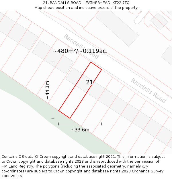21, RANDALLS ROAD, LEATHERHEAD, KT22 7TQ: Plot and title map