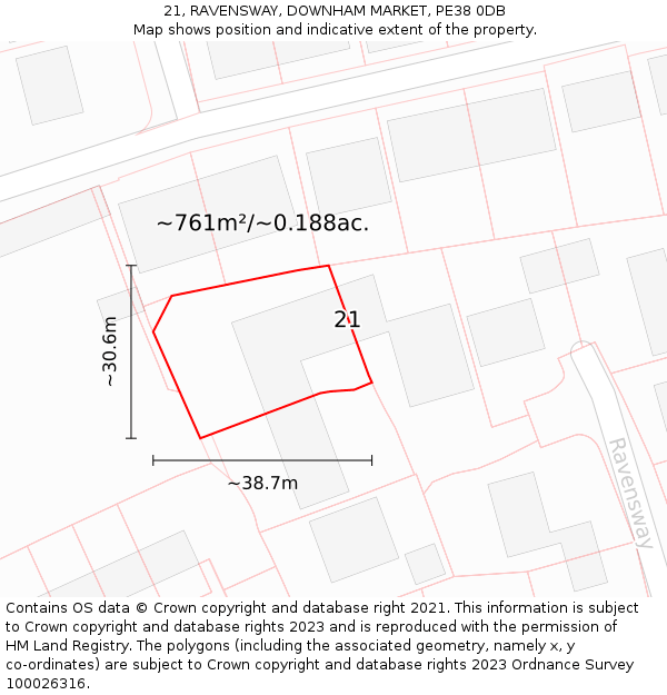 21, RAVENSWAY, DOWNHAM MARKET, PE38 0DB: Plot and title map