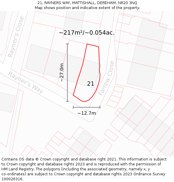 21, RAYNERS WAY, MATTISHALL, DEREHAM, NR20 3NQ: Plot and title map