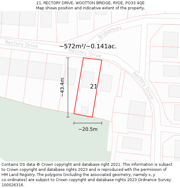 21, RECTORY DRIVE, WOOTTON BRIDGE, RYDE, PO33 4QE: Plot and title map