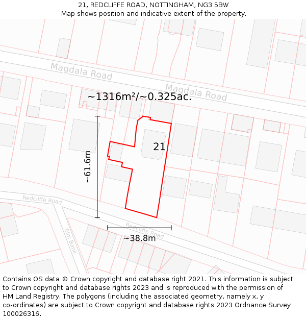 21, REDCLIFFE ROAD, NOTTINGHAM, NG3 5BW: Plot and title map