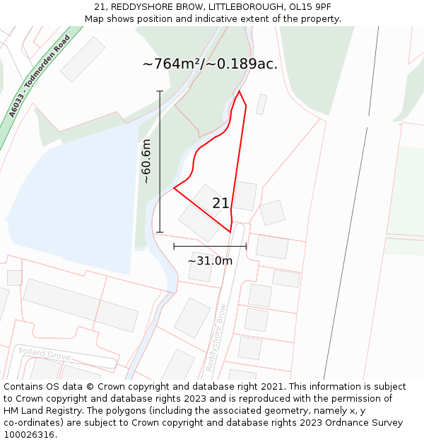 21, REDDYSHORE BROW, LITTLEBOROUGH, OL15 9PF: Plot and title map