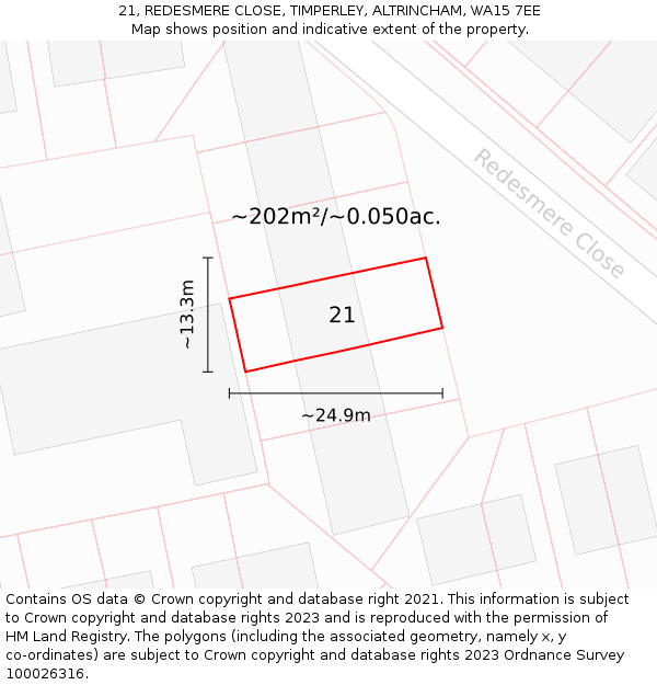 21, REDESMERE CLOSE, TIMPERLEY, ALTRINCHAM, WA15 7EE: Plot and title map