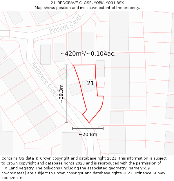 21, REDGRAVE CLOSE, YORK, YO31 8SX: Plot and title map