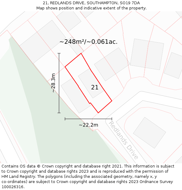 21, REDLANDS DRIVE, SOUTHAMPTON, SO19 7DA: Plot and title map