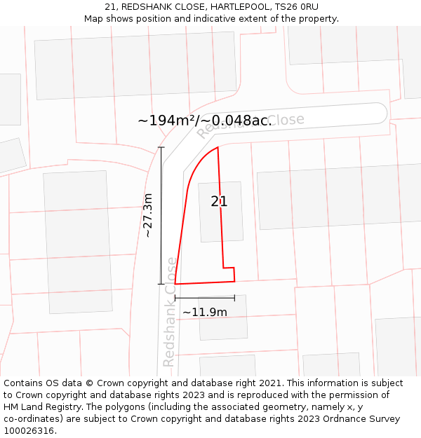 21, REDSHANK CLOSE, HARTLEPOOL, TS26 0RU: Plot and title map