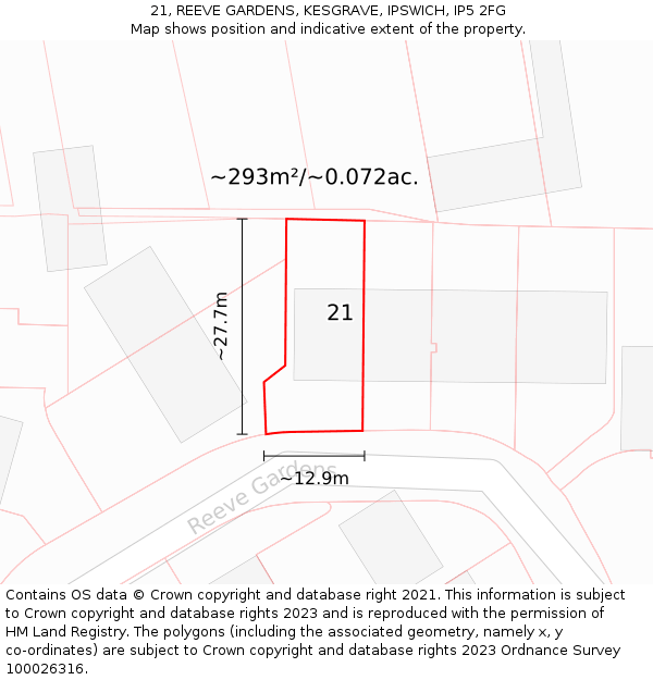 21, REEVE GARDENS, KESGRAVE, IPSWICH, IP5 2FG: Plot and title map