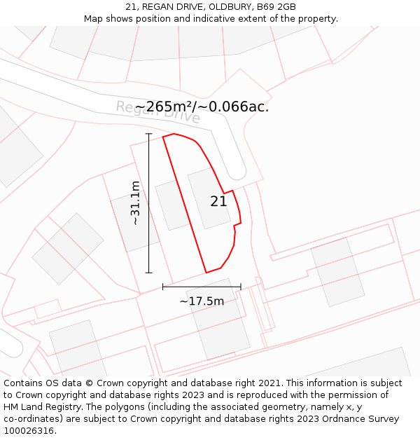 21, REGAN DRIVE, OLDBURY, B69 2GB: Plot and title map