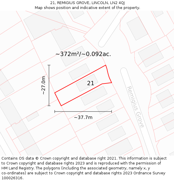 21, REMIGIUS GROVE, LINCOLN, LN2 4QJ: Plot and title map