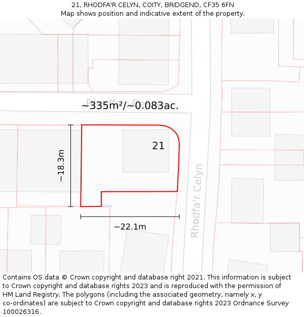 21, RHODFA'R CELYN, COITY, BRIDGEND, CF35 6FN: Plot and title map