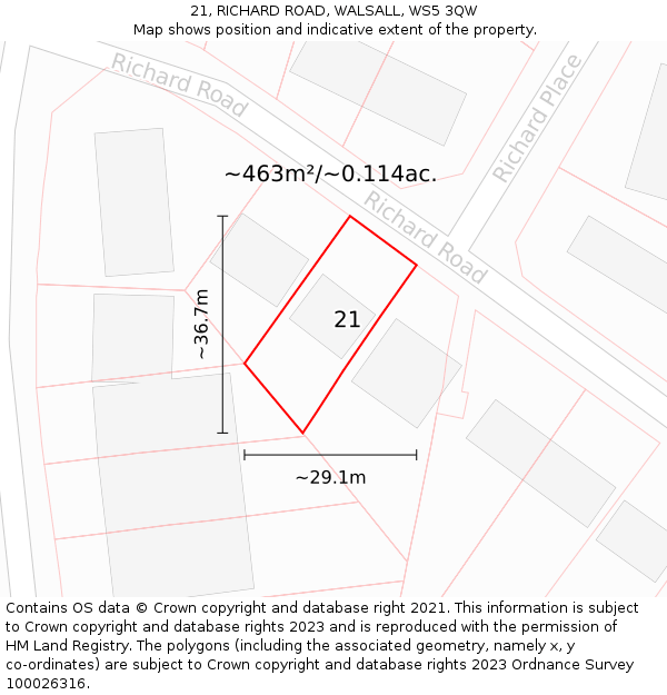 21, RICHARD ROAD, WALSALL, WS5 3QW: Plot and title map