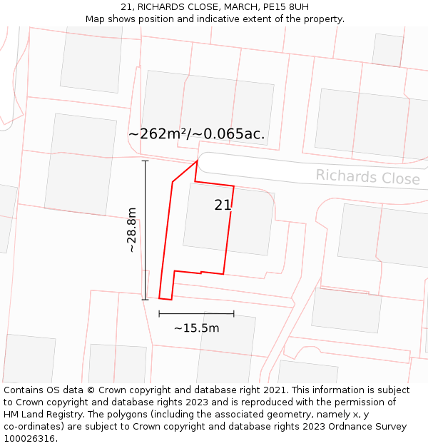 21, RICHARDS CLOSE, MARCH, PE15 8UH: Plot and title map