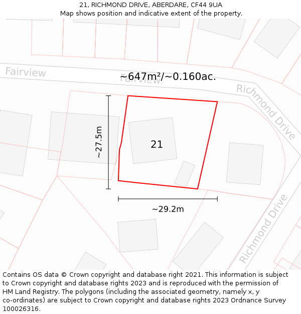 21, RICHMOND DRIVE, ABERDARE, CF44 9UA: Plot and title map