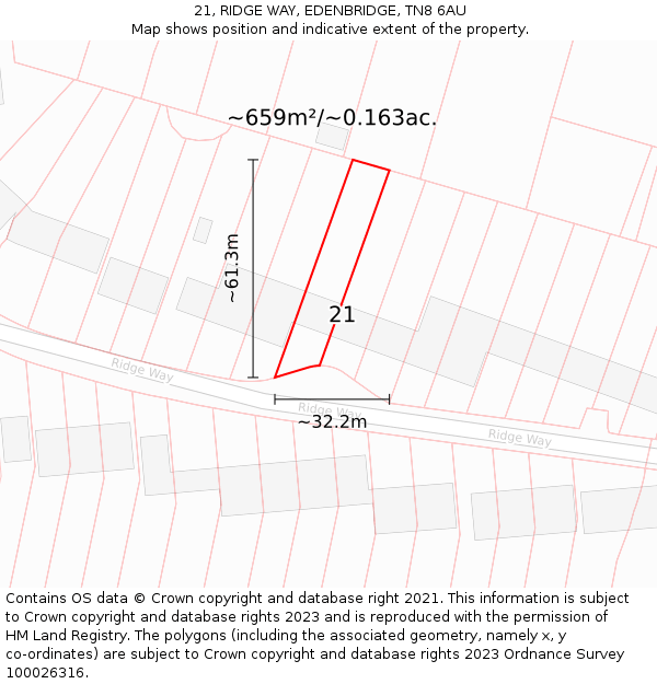 21, RIDGE WAY, EDENBRIDGE, TN8 6AU: Plot and title map