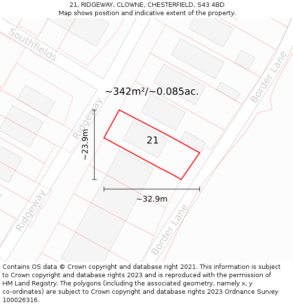 21, RIDGEWAY, CLOWNE, CHESTERFIELD, S43 4BD: Plot and title map