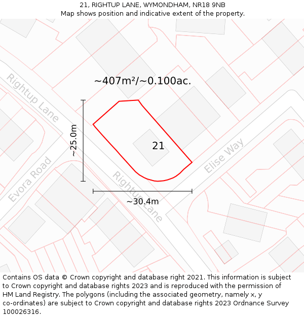 21, RIGHTUP LANE, WYMONDHAM, NR18 9NB: Plot and title map