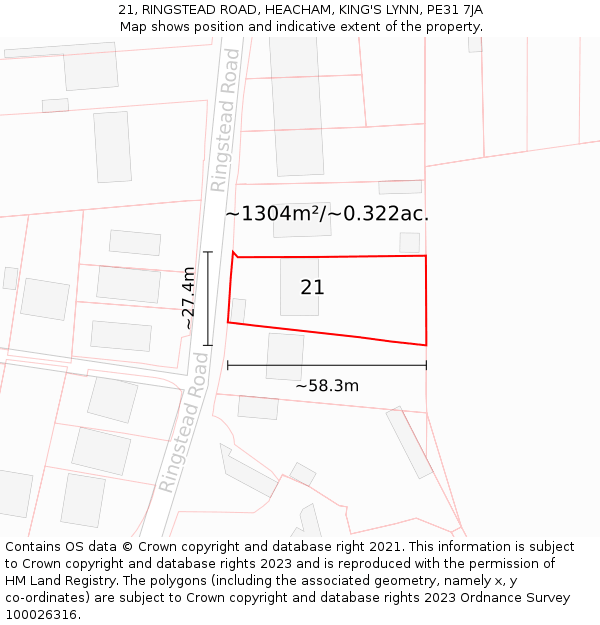 21, RINGSTEAD ROAD, HEACHAM, KING'S LYNN, PE31 7JA: Plot and title map