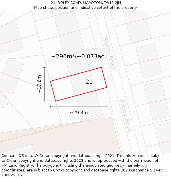 21, RIPLEY ROAD, HAMPTON, TW12 2JH: Plot and title map