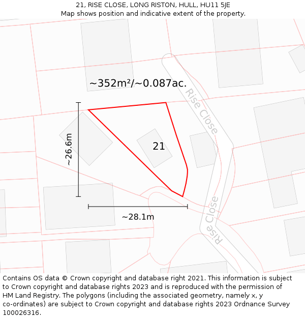 21, RISE CLOSE, LONG RISTON, HULL, HU11 5JE: Plot and title map