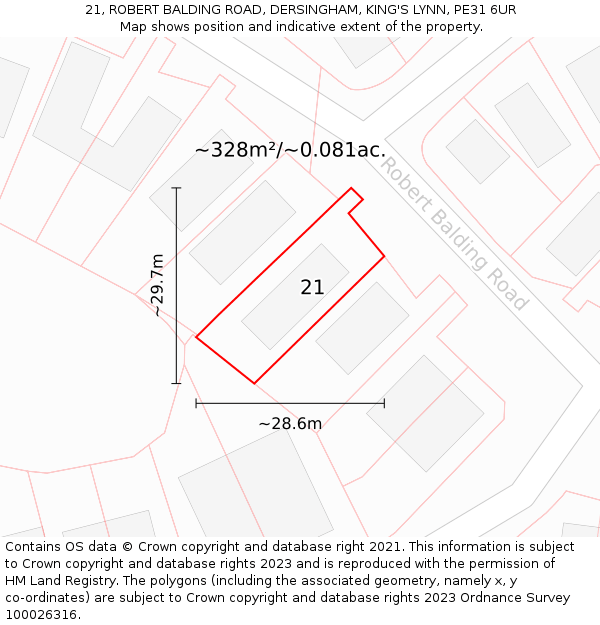 21, ROBERT BALDING ROAD, DERSINGHAM, KING'S LYNN, PE31 6UR: Plot and title map
