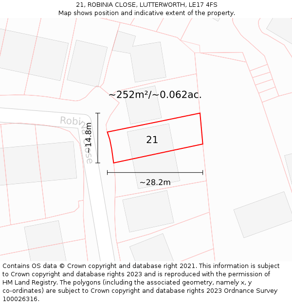 21, ROBINIA CLOSE, LUTTERWORTH, LE17 4FS: Plot and title map