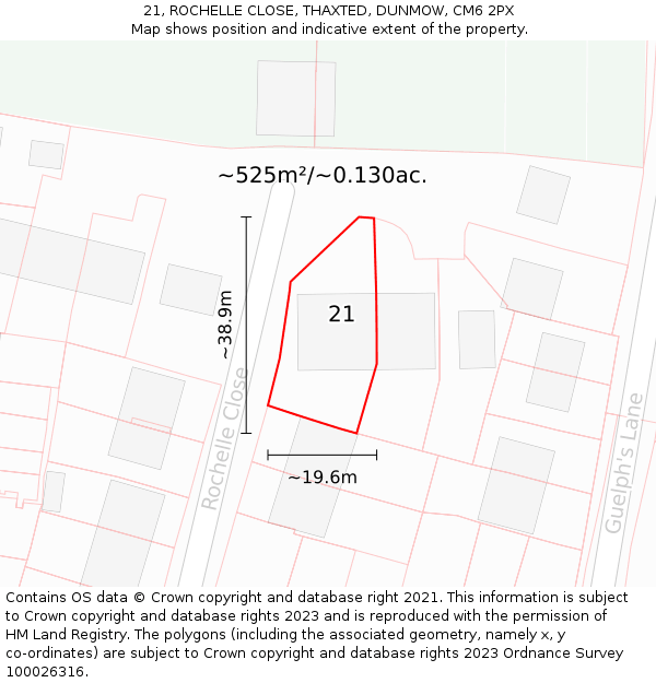 21, ROCHELLE CLOSE, THAXTED, DUNMOW, CM6 2PX: Plot and title map