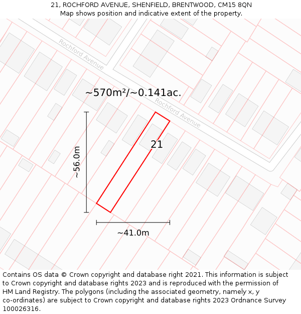 21, ROCHFORD AVENUE, SHENFIELD, BRENTWOOD, CM15 8QN: Plot and title map