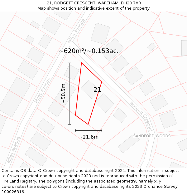 21, RODGETT CRESCENT, WAREHAM, BH20 7AR: Plot and title map