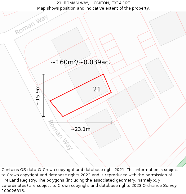 21, ROMAN WAY, HONITON, EX14 1PT: Plot and title map