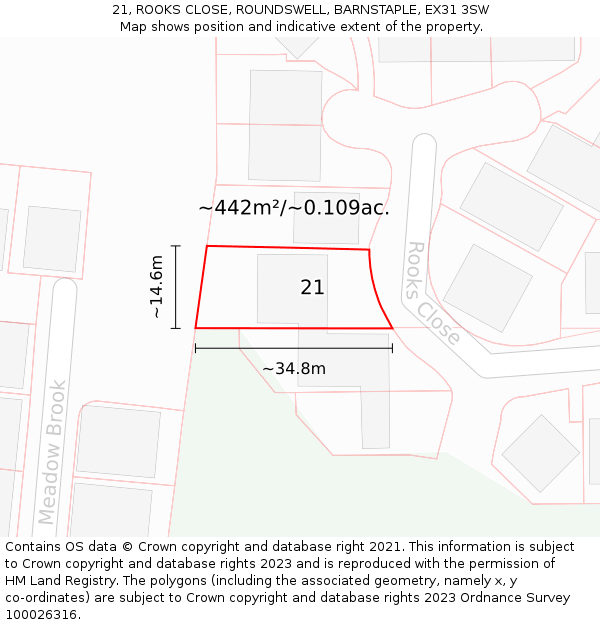 21, ROOKS CLOSE, ROUNDSWELL, BARNSTAPLE, EX31 3SW: Plot and title map