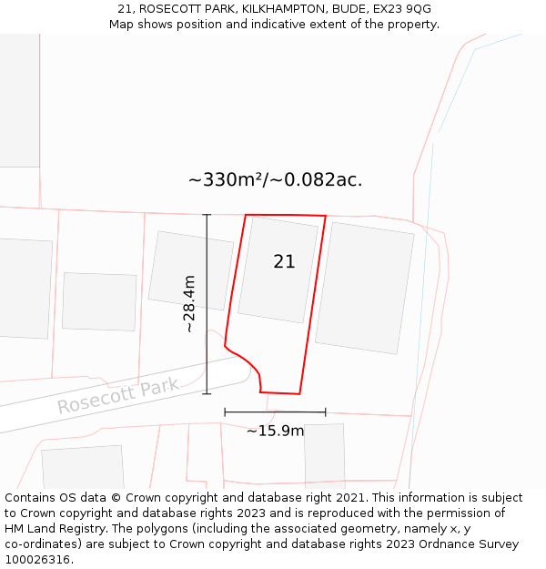 21, ROSECOTT PARK, KILKHAMPTON, BUDE, EX23 9QG: Plot and title map
