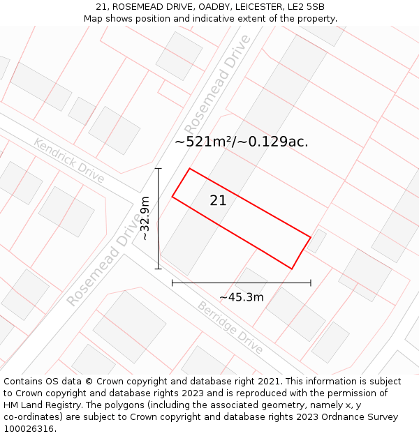 21, ROSEMEAD DRIVE, OADBY, LEICESTER, LE2 5SB: Plot and title map