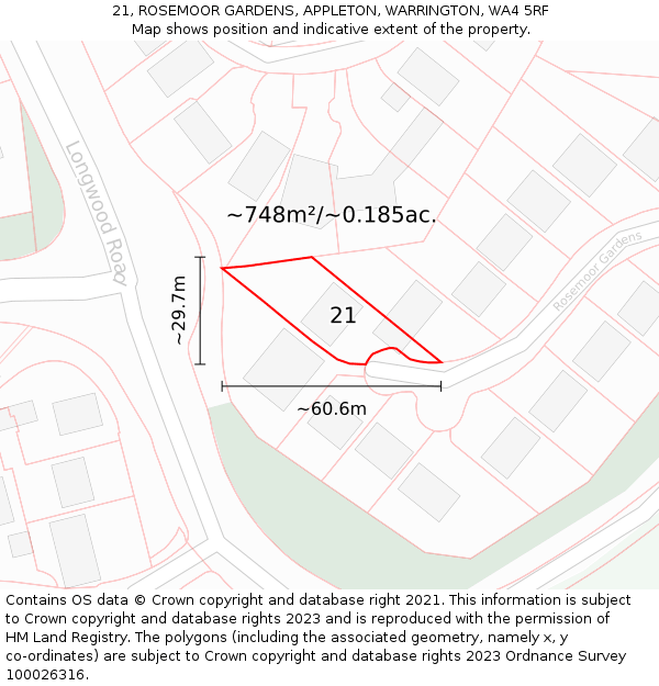 21, ROSEMOOR GARDENS, APPLETON, WARRINGTON, WA4 5RF: Plot and title map