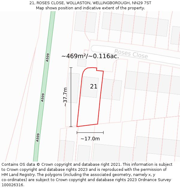 21, ROSES CLOSE, WOLLASTON, WELLINGBOROUGH, NN29 7ST: Plot and title map