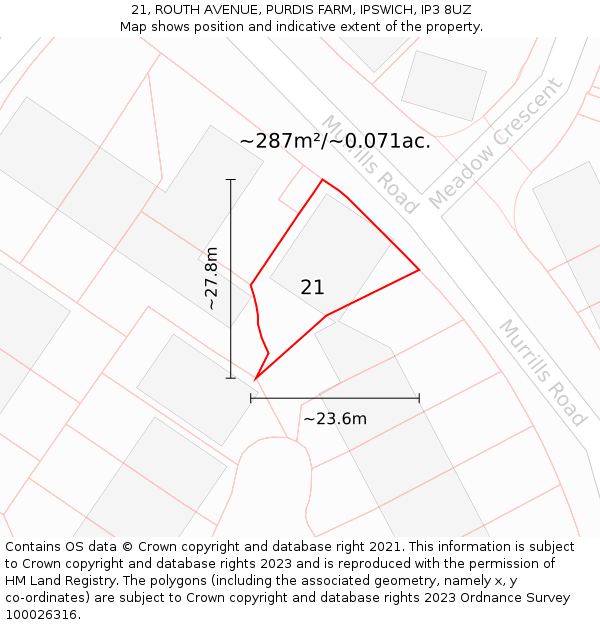 21, ROUTH AVENUE, PURDIS FARM, IPSWICH, IP3 8UZ: Plot and title map