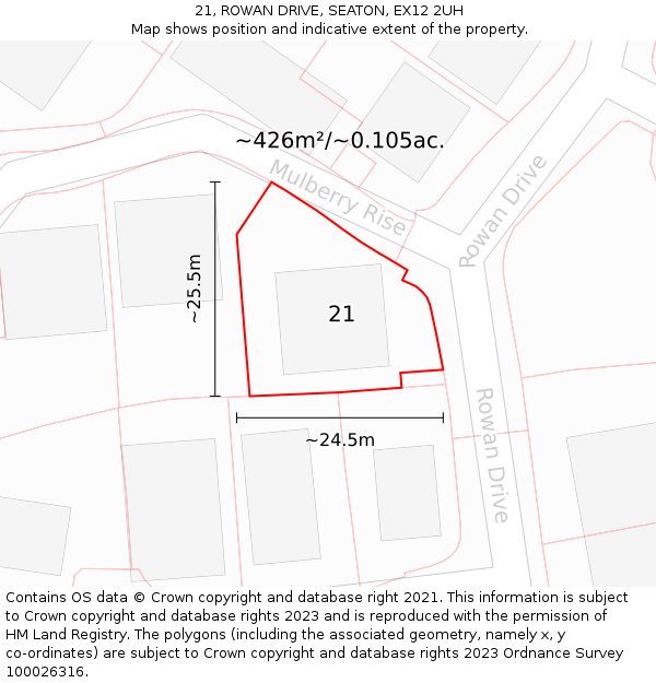 21, ROWAN DRIVE, SEATON, EX12 2UH: Plot and title map