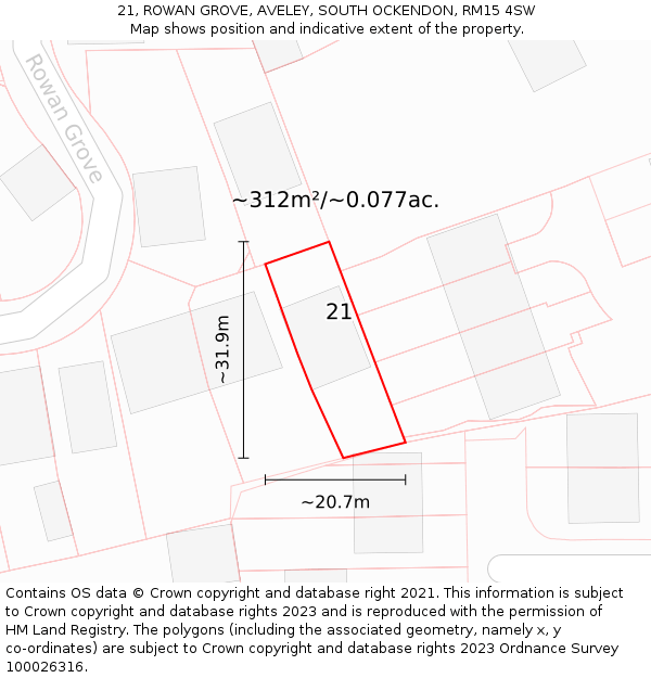 21, ROWAN GROVE, AVELEY, SOUTH OCKENDON, RM15 4SW: Plot and title map