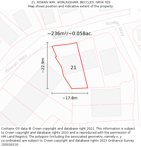 21, ROWAN WAY, WORLINGHAM, BECCLES, NR34 7ES: Plot and title map